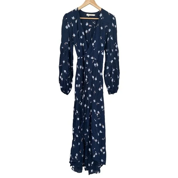 Christy Dawn Bergen Dress Midnight Rose Navy Blue Floral Wrap Midi Long Sleeve L - Picture 1 of 7